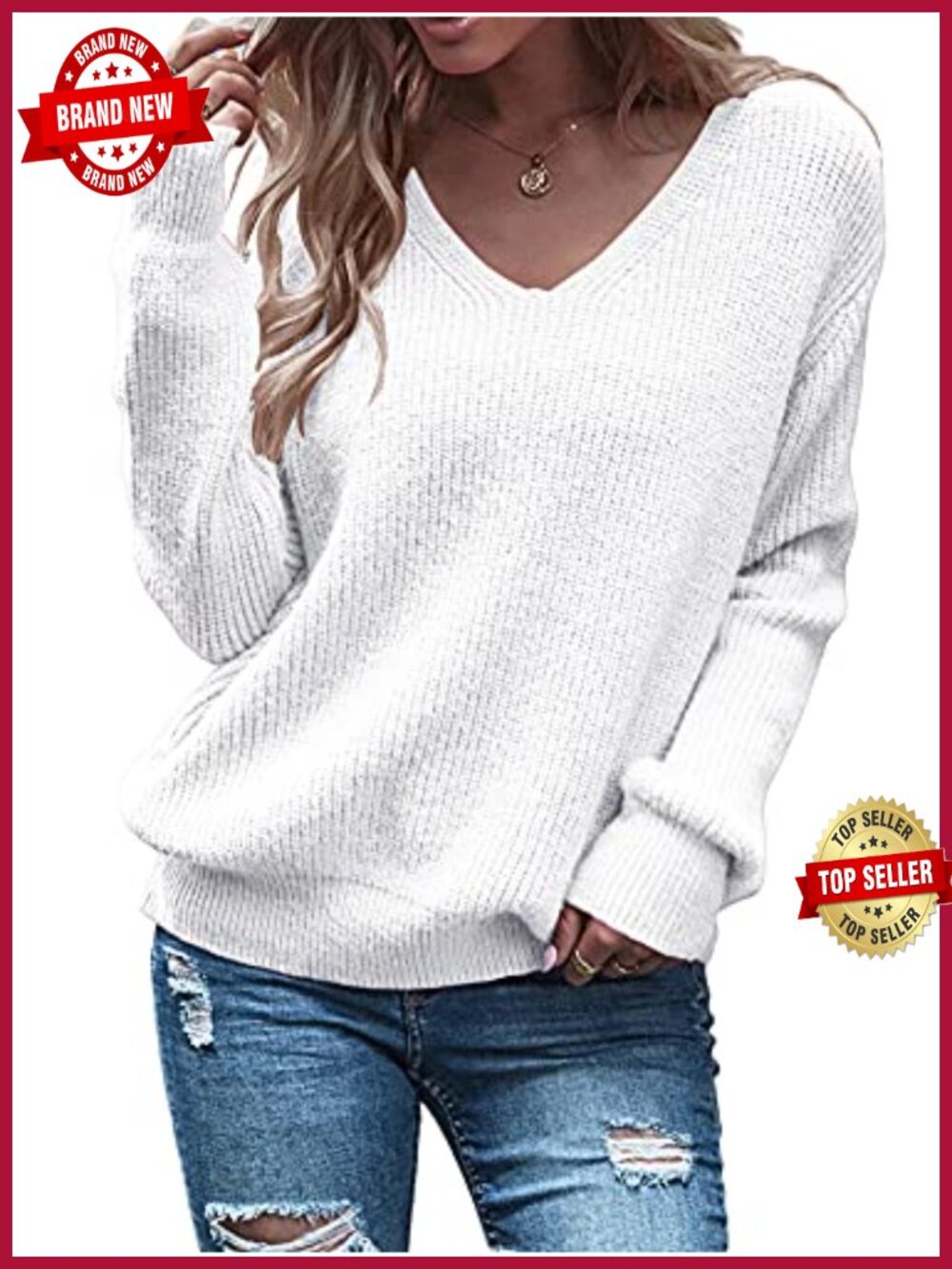 Women's Long Sleeve V Neck Pullover Oversized Chunky Knitted Loose Jumper